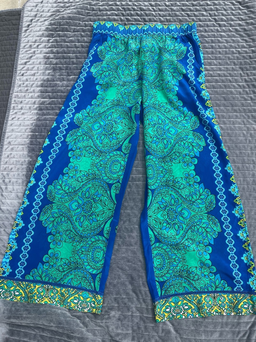 $295 Johnny Was Villa Pant Diomedes Resortwear Tropical Wide Leg 100% Silk Large